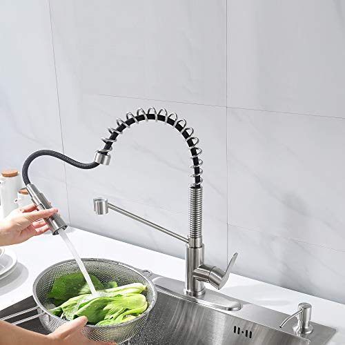 AMAZING FORCE Brushed Nickel Kitchen Faucet with Soap Dispenser Single Handle Kitchen Sink Faucet with Pull Down Sprayer Utility Sink Faucet Single Hole for Laundry Sink Stainless Steel Black Hose