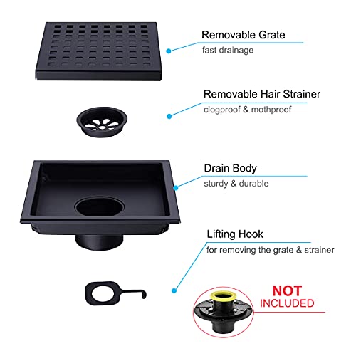 Square Shower Drain 4 inch, Nicmondo Point Center Floor Waste Drain with Removable Grate Cover, Stainless Steel 11cm x 11cm, Matte Black