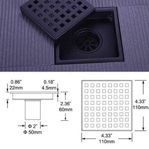 Square Shower Drain 4 inch, Nicmondo Point Center Floor Waste Drain with Removable Grate Cover, Stainless Steel 11cm x 11cm, Matte Black