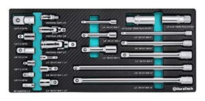 duratech 22-piece drive tool accessory set, including 1/4 3/8 1/2 extension bars, socket adapters, universal joints, spark plug sockets, professional socket accessories, cr-v steel, eva foam package