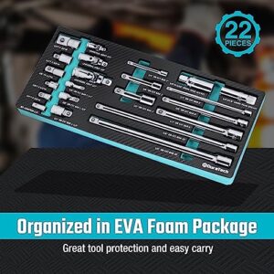 DURATECH 22-Piece Drive Tool Accessory Set, Including 1/4 3/8 1/2 Extension Bars, Socket Adapters, Universal Joints, Spark Plug Sockets, Professional Socket Accessories, Cr-V Steel, EVA Foam Package