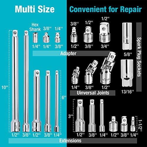 DURATECH 22-Piece Drive Tool Accessory Set, Including 1/4 3/8 1/2 Extension Bars, Socket Adapters, Universal Joints, Spark Plug Sockets, Professional Socket Accessories, Cr-V Steel, EVA Foam Package