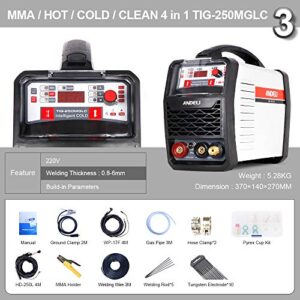 ANDELI TIG Welder with CLEAN COLD & MMA 4 in 1 Smart Portable 220V DC Inverter TIG Welding Machine TIG-250MGLC (TIG & CLEAN & MMA)