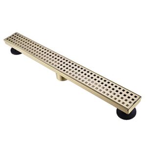 nicmondo linear shower drain 24 inch, bathroom rectangular floor drain with removable cover grid grate, adjustable leveling feet, hair strainer, sus304 stainless steel trench drains, brushed gold