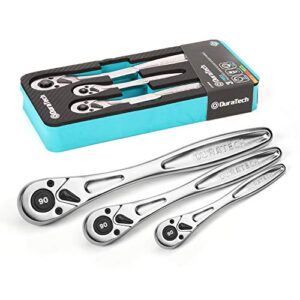 duratech 3-piece heavy duty ratchet set, 1/4”, 3/8”, 1/2” drive ratchet handle, professional ratchet set, 90-tooth, quick-release reversible, premium chrome alloy made, with eva organizer