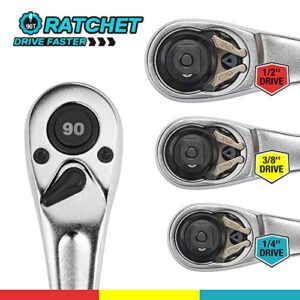 DURATECH 3-Piece Heavy Duty Ratchet Set, 1/4”, 3/8”, 1/2” Drive Ratchet Handle, Professional Ratchet Set, 90-Tooth, Quick-release Reversible, Premium Chrome Alloy Made, with EVA Organizer