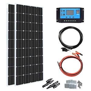 xinpuguang solar panel kit 200 watt 12 volt,2pcs 100 watt moncrystalline module,20a charge controller, extension cable,mounting brackets for off grid rv trailer camper marine (200w solar kits)