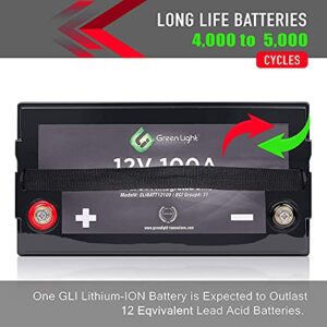 GLI Lithium-ion Deep Cycle Rechargeable Battery – 12v 100Ah IP54 Extreme Weather Resistant – up to 5,000 Cycle Long-Life – for Marine, Trolling Motors, RV, Off-Grid and Solar – with Charger & Cables