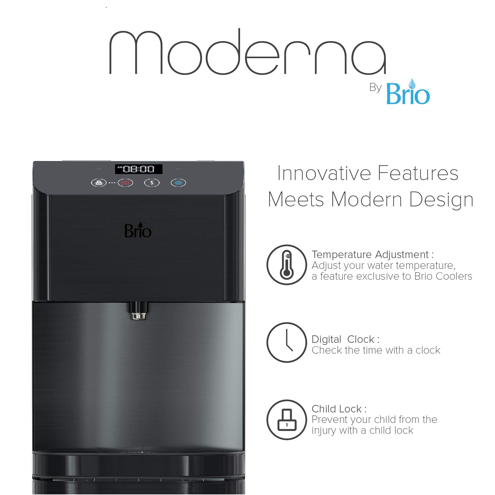 Brio CLBL720SCBLK Moderna Self Cleaning Bottom Load Hot, Cold & Room Water Cooler - New Black Stainless Steel - Tri Temp W/Touch Dispenser Feature