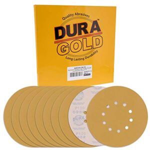 dura-gold premium 9" drywall sanding discs - 120 grit (box of 10) - 10 hole pattern sandpaper discs with hook & loop backing, fast cutting aluminum oxide abrasive - for drywall power sander, sand wood