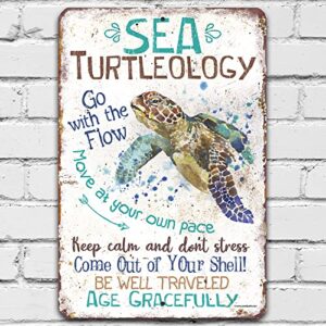 sea turtle decor - sea turtleology - durable sea turtle gifts metal sign - metal sea turtle wall decor - sea turtles ocean bathroom decor - great seaturtle decorations for home - turtle sign 8" x 12"