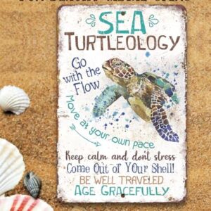 Sea Turtle Decor - Sea Turtleology - Durable Sea Turtle Gifts Metal Sign - Metal Sea Turtle Wall Decor - Sea Turtles Ocean Bathroom Decor - Great SeaTurtle Decorations for Home - Turtle Sign 8" x 12"