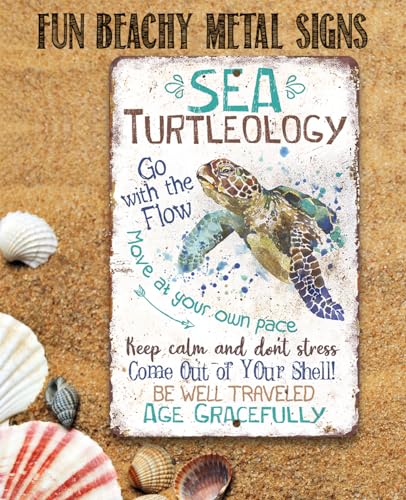 Sea Turtle Decor - Sea Turtleology - Durable Sea Turtle Gifts Metal Sign - Metal Sea Turtle Wall Decor - Sea Turtles Ocean Bathroom Decor - Great SeaTurtle Decorations for Home - Turtle Sign 8" x 12"