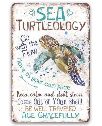 Sea Turtle Decor - Sea Turtleology - Durable Sea Turtle Gifts Metal Sign - Metal Sea Turtle Wall Decor - Sea Turtles Ocean Bathroom Decor - Great SeaTurtle Decorations for Home - Turtle Sign 8" x 12"