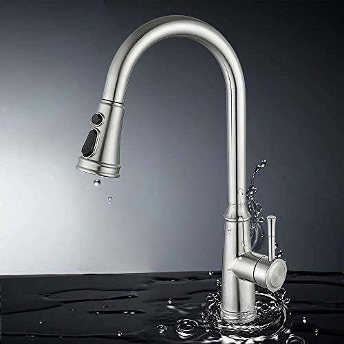 TEEKIA Kitchen Faucets,Single Handle Kitchen Sink Faucet with Pull Down Sprayer, 3-Mode Stainless Steel High Arc Retractable Sprayer Kitchen Faucet Fixture, Brushed Nickel Kitchen Faucet