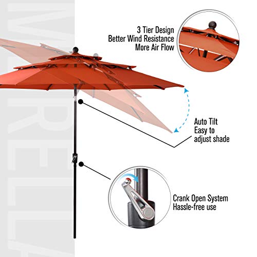 Sophia & William 10ft 3 Tier Auto-tilt Patio Umbrella, Outdoor Double Vented Umbrella with Crank, Orange Red