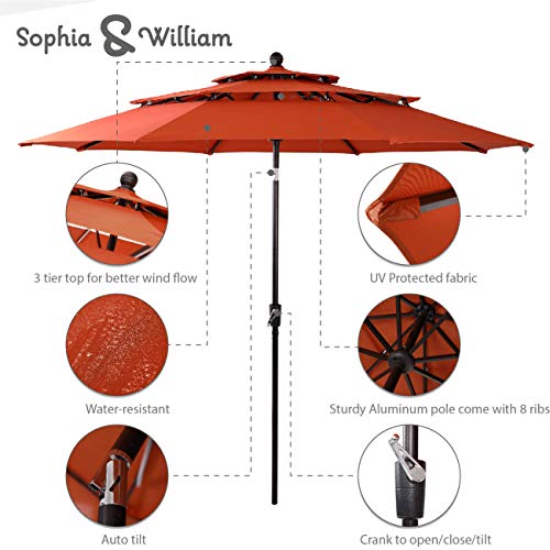 Sophia & William 10ft 3 Tier Auto-tilt Patio Umbrella, Outdoor Double Vented Umbrella with Crank, Orange Red