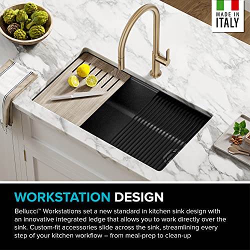 KRAUS Bellucci Workstation 32 inch Undermount Granite Composite Single Bowl Kitchen Sink in Metallic Black with Accessories, KGUW2-33MBL