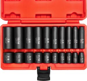 neiko 02434a 3/8-inch-drive standard and deep impact socket set, 6-point sae sizes from 5/16" to 7/8", crv steel, 20 pieces