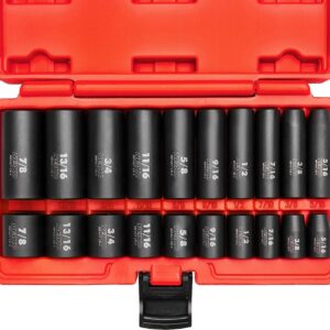 NEIKO 02434A 3/8-Inch-Drive Standard and Deep Impact Socket Set, 6-Point SAE Sizes from 5/16" to 7/8", CrV Steel, 20 Pieces