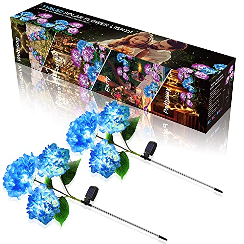 TYNLED Solar Lights Outdoor Decorative - 2 Pack Hydrangea Solar Garden Stake Lights Waterproof and Realistic LED Flowers Powered Outdoor In-Ground Lights for Garden Lawn Patio Backyard (Blue)