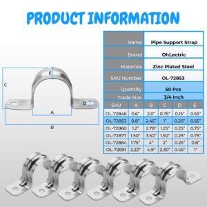 OhLectric 2 Hole 3/4 Inch Pipe Strap - Reinforced Rib for Extra Strength - Zinc-Plated Steel Pipe Strap Clamp for EMT Conduit - Snap-On Installation - Pack of 50; OL-72853