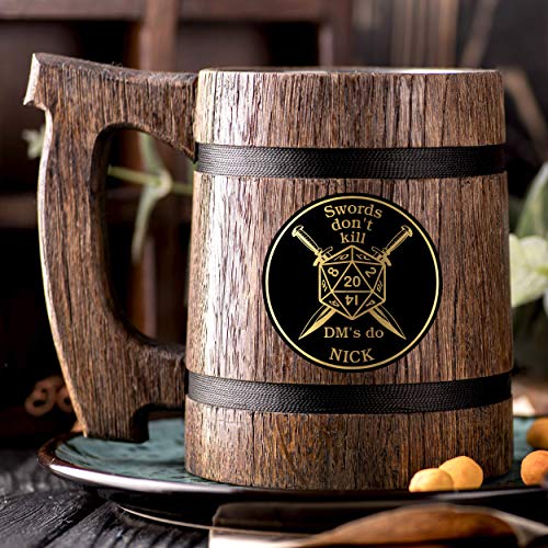 Swords don't kill DM's do Beer Mug. D20 Wooden Beer Mug. Dungeon and Dragons Mug. Dungeon Master Personalized Mug. D&D Gift. DnD Beer Stein. Gift for Men. Gamer Gift. Beer Tankard. Gift for Him K250