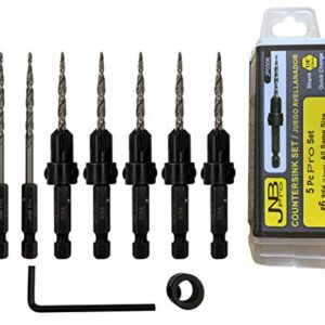 JNB Pro Wood Countersink Drill Bit Set JP0506, 5 Pc #6(9/64"), 2 Extra Bits 9/64 Tapered Drill Bit, 1 Adjustable Collar, 1 Wrench - 1/4" Quick Change Shank, Ideal Woodworking and Carpentry Tool Set