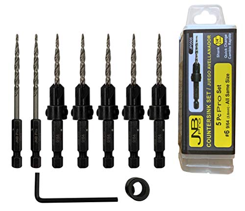 JNB Pro Wood Countersink Drill Bit Set JP0506, 5 Pc #6(9/64"), 2 Extra Bits 9/64 Tapered Drill Bit, 1 Adjustable Collar, 1 Wrench - 1/4" Quick Change Shank, Ideal Woodworking and Carpentry Tool Set