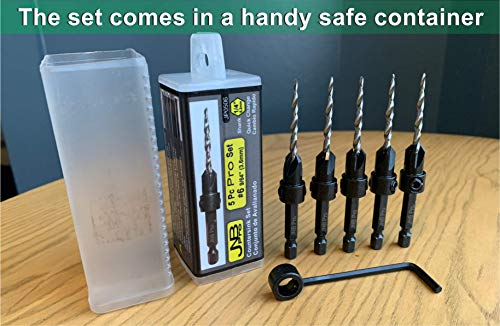 JNB Pro Wood Countersink Drill Bit Set JP0506, 5 Pc #6(9/64"), 2 Extra Bits 9/64 Tapered Drill Bit, 1 Adjustable Collar, 1 Wrench - 1/4" Quick Change Shank, Ideal Woodworking and Carpentry Tool Set