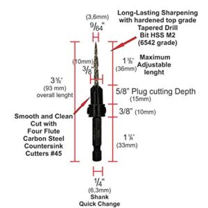 JNB Pro Wood Countersink Drill Bit Set JP0506, 5 Pc #6(9/64"), 2 Extra Bits 9/64 Tapered Drill Bit, 1 Adjustable Collar, 1 Wrench - 1/4" Quick Change Shank, Ideal Woodworking and Carpentry Tool Set