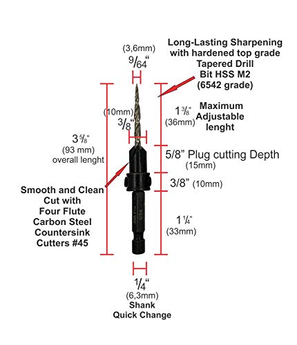 JNB Pro Wood Countersink Drill Bit Set JP0506, 5 Pc #6(9/64"), 2 Extra Bits 9/64 Tapered Drill Bit, 1 Adjustable Collar, 1 Wrench - 1/4" Quick Change Shank, Ideal Woodworking and Carpentry Tool Set