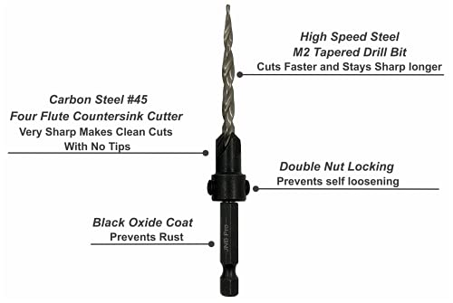 JNB Pro Wood Countersink Drill Bit Set JP0506, 5 Pc #6(9/64"), 2 Extra Bits 9/64 Tapered Drill Bit, 1 Adjustable Collar, 1 Wrench - 1/4" Quick Change Shank, Ideal Woodworking and Carpentry Tool Set
