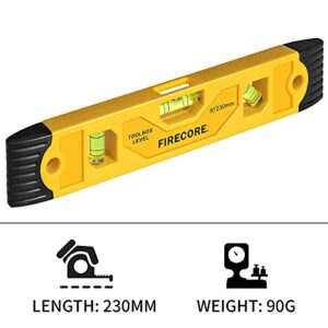 Firecore Magnetic Torpedo Level, 9-Inch Shockproof Toolbox Level with 3 Bubble Spirit Level 45 90 180 Degree