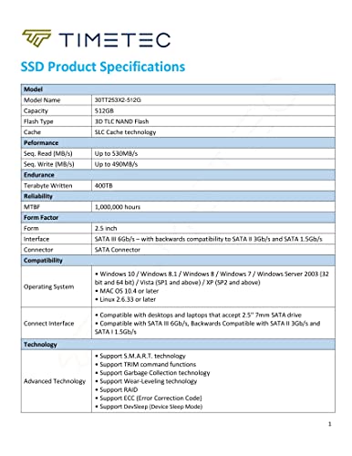 Timetec 512GB SSD 3D NAND SATA III 6Gb/s 2.5 Inch 7mm (0.28") Read Speed Up to 550 MB/s SLC Cache Performance Boost Internal Solid State Drive for PC Computer Desktop and Laptop (512GB)