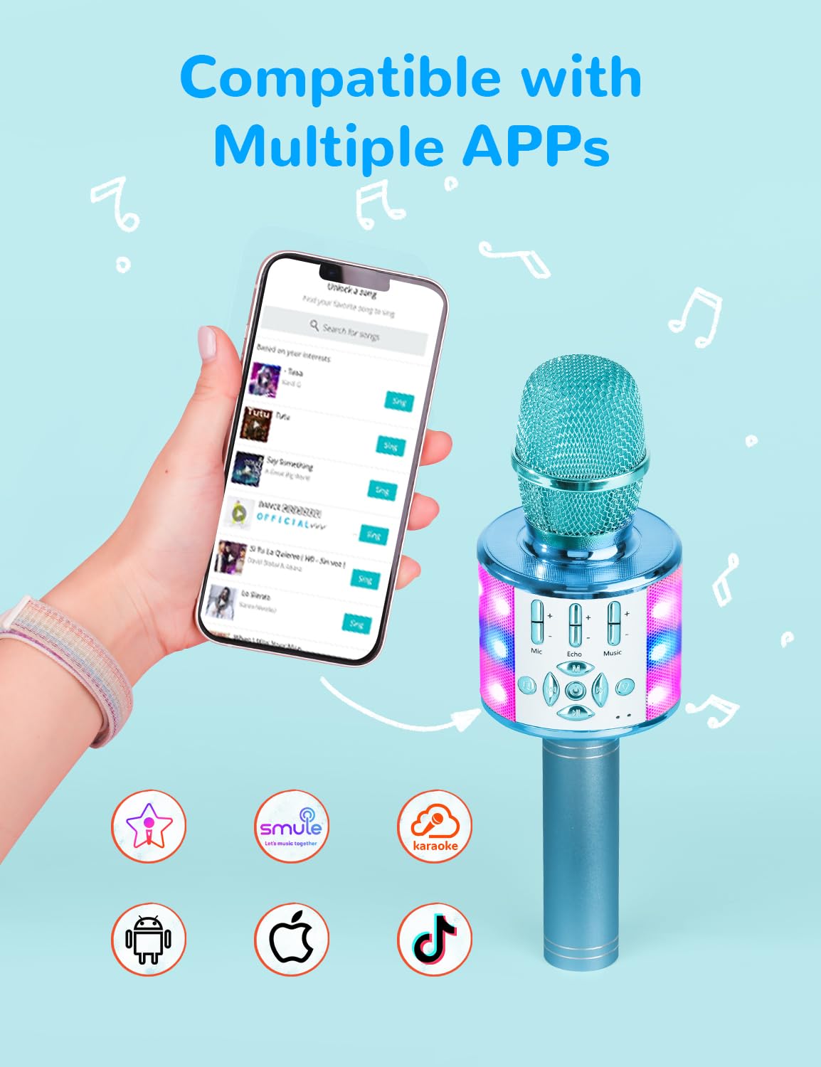 Amazmic Kids Karaoke Microphone Machine Toys for Girls Bluetooth Microphone Portable Karaoke Machine with LED Light, Birthday Gift for Girls Boys 3-12 Year Old Adults Birthday Party, Home KTV(Blue)