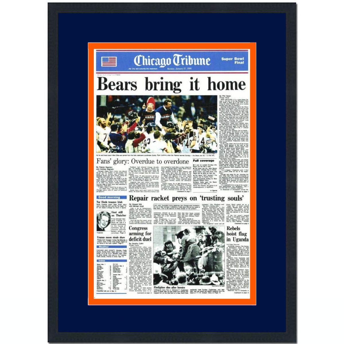 Framed Chicago Tribune Bears Super Bowl XX 20 Champions 17x27 Football Newspaper Cover Photo Professionally Matted