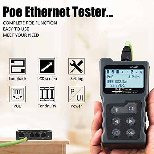 Network RJ45 Tester, VXSCAN POE Ethernet Tester for Power Over Ethernet, Network Cable RJ45 Continuity Checking, DC Power, Switch Loop-Back Test