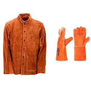 qeelink leather welding work jacket with gloves flame-resistant heavy duty split cowhide leather welder jackets with gloves for men & women, large