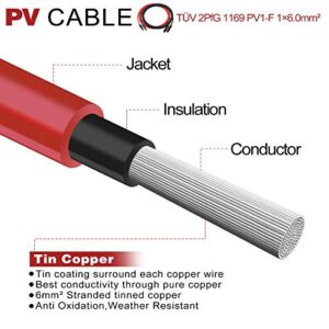Solar Panel Extension Cable,10AWG(6mm²) Solar Extension Cable Wire with 1 Pair 15 Feet Black + 15 Feet Red Weatherproof Tinned Copper Extension Cable Wire Adapter Kit