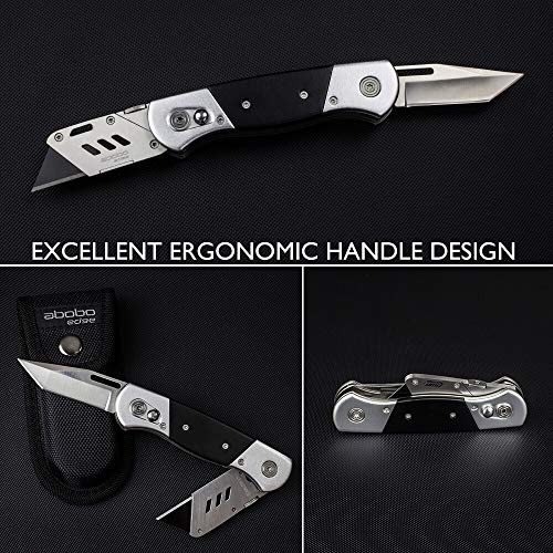 Folding Utility Knife/Box Cutter Heavy Duty Stainless Steel & 5 Antirust SK5 Blades + Nylon Pouch
