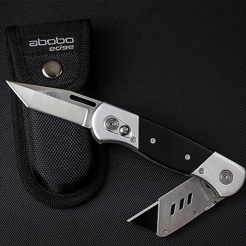 Folding Utility Knife/Box Cutter Heavy Duty Stainless Steel & 5 Antirust SK5 Blades + Nylon Pouch