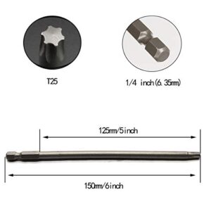 10PCS 6"/150mm T25 Torx Head Screwdriver Bit Set, 1/4 Inch Hex Shank with Quick Release Slot,S2 Steel Magnetic Security Tamper Proof Star 6 Point Screw Driver Kit Tools