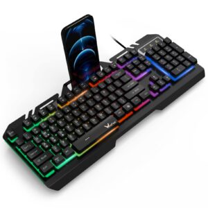 wisfox wired keyboard, computer keyboard with rainbow led backlit, all-metal panel gaming keyboard with phone holder, full size quiet warterproof office usb keyboard for desktop, computer, pc