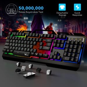 WisFox Wired Keyboard, Computer Keyboard with Rainbow LED Backlit, All-Metal Panel Gaming Keyboard with Phone Holder, Full Size Quiet Warterproof Office USB Keyboard for Desktop, Computer, PC