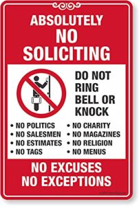 smartsign “absolutely no soliciting, no excuses, no exceptions do not ring bell or knock” sign | 6" x 9" acrylic for home/house, front door, business