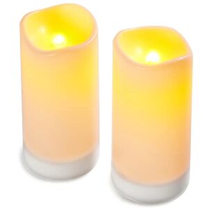 large outdoor solar candles - 4x8 flameless pillar candle set, white resin, flickering led light, dusk to dawn timer, rechargeable solar battery included, waterproof for patio decor - 2 pack