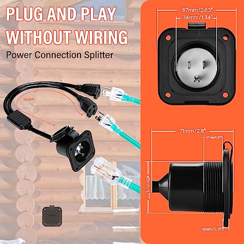 WELLUCK 15 Amp 125V AC Power Inlet Port Plug with Integrated Dual 18" Extension Cord, NEMA 5-15 RV Flanged Inlet with Waterproof & Back Cover Y Splitter Cable, 2 Pole 3-Wire Shore Power Plug for Boat