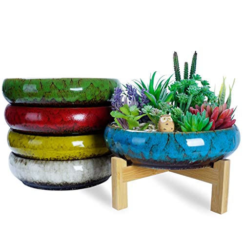 ARTKETTY Succulent Planters - Ceramic Succulent Pots with Drainage, 10 Inch Large Shallow Bonsai Pot with Stand Decorative Garden Cactus Flower Planter Container Bowl for Desk or Windowsill