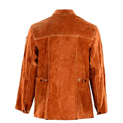 QeeLink Leather Welding Work Jacket with Hood Flame-Resistant Heavy Duty Split Cowhide Leather Welder Jackets with Hood for Men & Women, Large